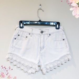 Free People White Denim Shorts with Lace Trim